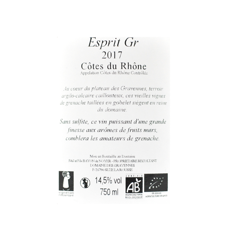 Domaine des Gravennes Esprit GR Vin nature des Côtes du Rhône