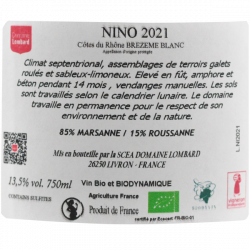 Nino brézème blanc 2021 - Domaine Lombard - Vin bio