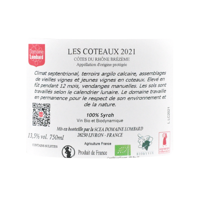 Brezeme rouge Les Coteaux 2021 Domaine Lombard Vin bio